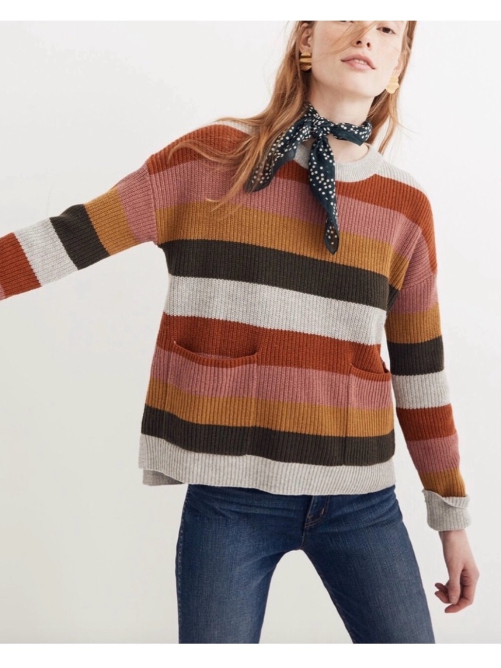Madewell Striped Crewneck Sweater in Pink, Rust, Mustard, Gray with Pockets!
